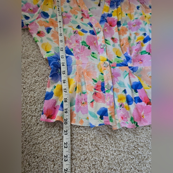 Zara women's sz. XS floral watercolors blouse Puff Shoulder peplum top - Picture 6 of 8